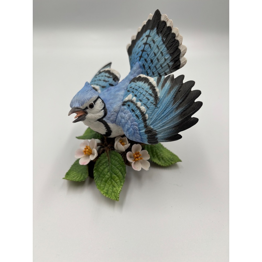 Lenox Porcelain Blue Jay Figurine Hand Painted Bird‎ on Branch with flowers